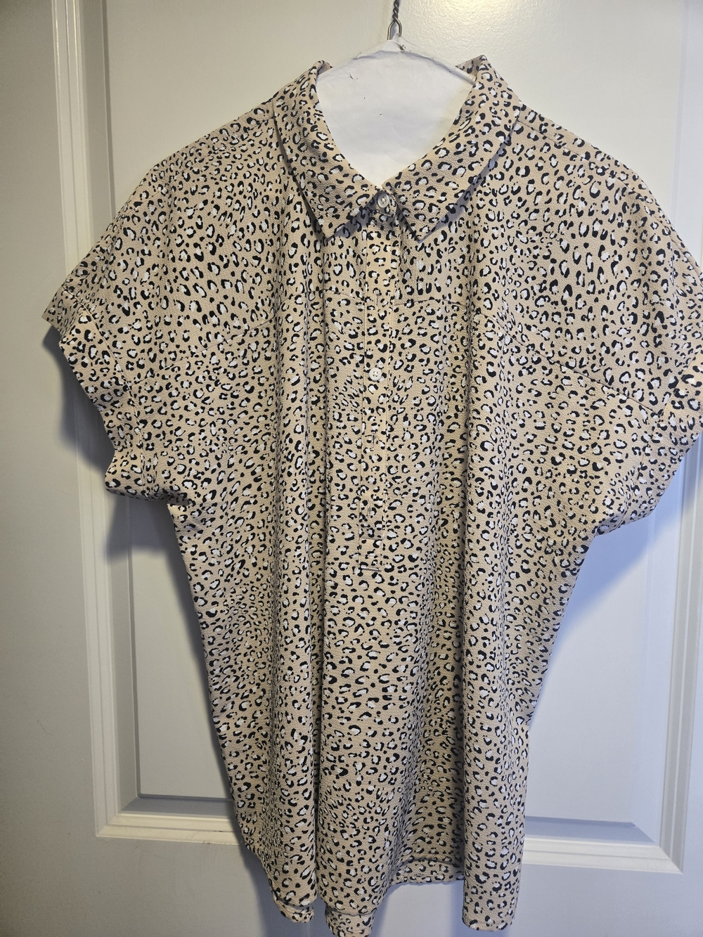 Investments Beige Leopard-Print Short Sleeve Button-Up Blouse